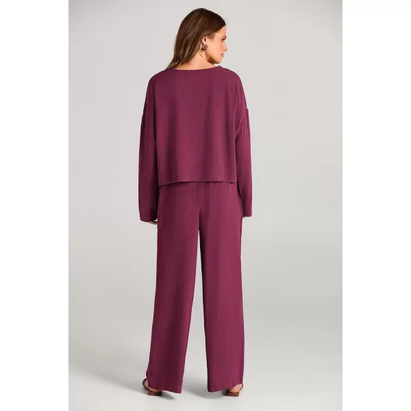 imagePRETTYGARDEN Womens 2023 Fall 2 Piece Outfit Tracksuits Casual Linen Long Sleeve Tops And Wide Leg Pants Lounge SetsWine Red