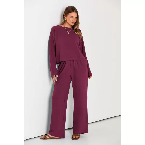 imagePRETTYGARDEN Womens 2023 Fall 2 Piece Outfit Tracksuits Casual Linen Long Sleeve Tops And Wide Leg Pants Lounge SetsWine Red