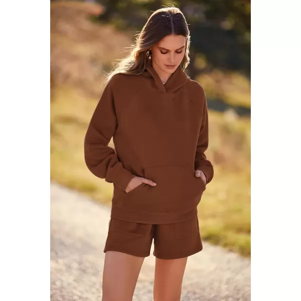 imagePRETTYGARDEN Womens 2023 Fall 2 Piece Outfits Sweatsuits Hoodie Sweatshirt And Lounge Shorts Tracksuit SetsBrown