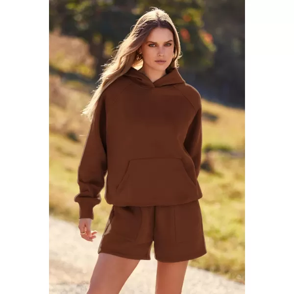imagePRETTYGARDEN Womens 2023 Fall 2 Piece Outfits Sweatsuits Hoodie Sweatshirt And Lounge Shorts Tracksuit SetsBrown