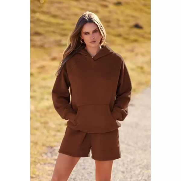 imagePRETTYGARDEN Womens 2023 Fall 2 Piece Outfits Sweatsuits Hoodie Sweatshirt And Lounge Shorts Tracksuit SetsBrown