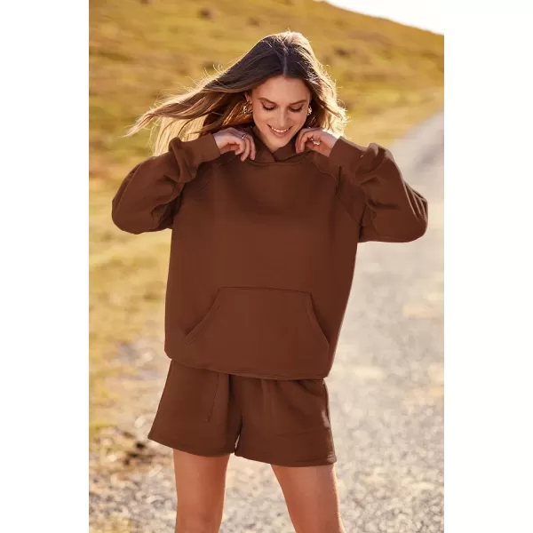 imagePRETTYGARDEN Womens 2023 Fall 2 Piece Outfits Sweatsuits Hoodie Sweatshirt And Lounge Shorts Tracksuit SetsBrown