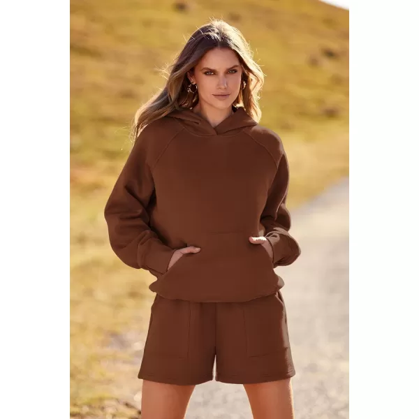 imagePRETTYGARDEN Womens 2023 Fall 2 Piece Outfits Sweatsuits Hoodie Sweatshirt And Lounge Shorts Tracksuit SetsBrown