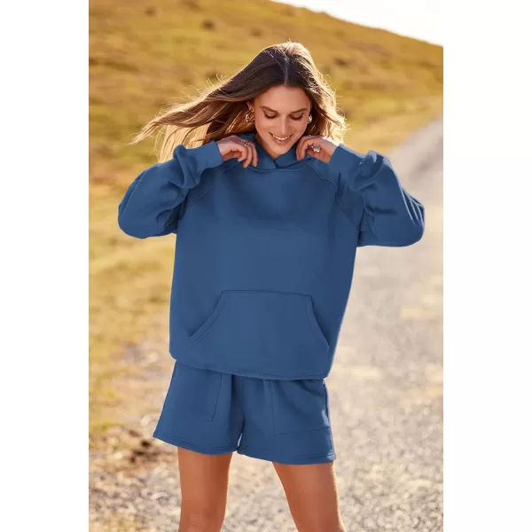imagePRETTYGARDEN Womens 2023 Fall 2 Piece Outfits Sweatsuits Hoodie Sweatshirt And Lounge Shorts Tracksuit SetsDark Blue