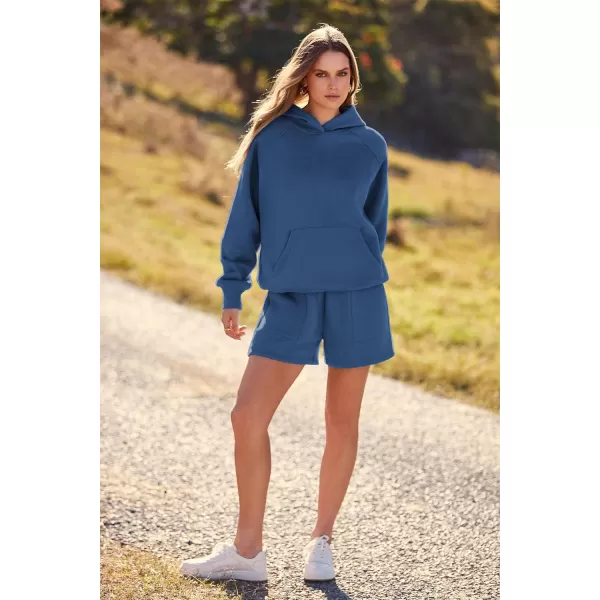 imagePRETTYGARDEN Womens 2023 Fall 2 Piece Outfits Sweatsuits Hoodie Sweatshirt And Lounge Shorts Tracksuit SetsDark Blue