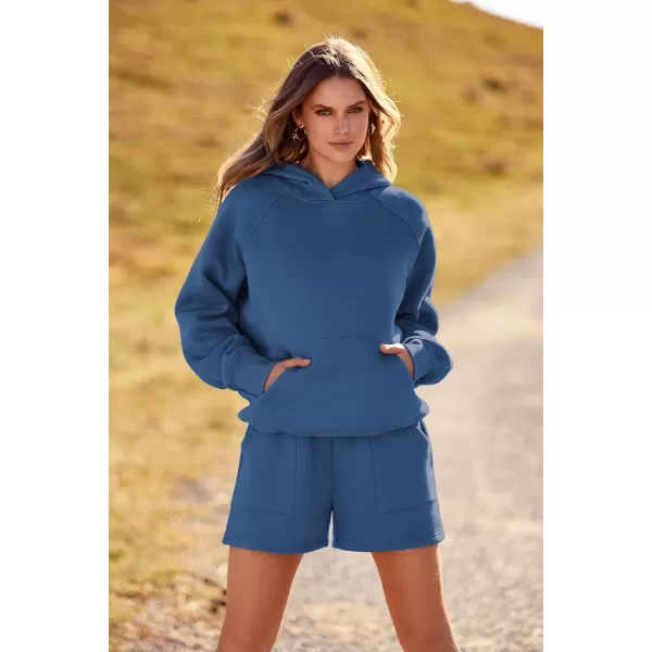 imagePRETTYGARDEN Womens 2023 Fall 2 Piece Outfits Sweatsuits Hoodie Sweatshirt And Lounge Shorts Tracksuit SetsDark Blue