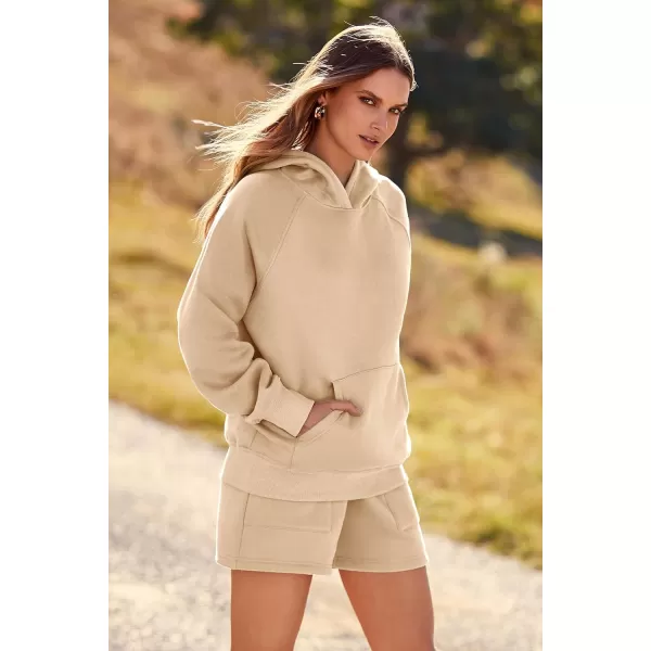 imagePRETTYGARDEN Womens 2023 Fall 2 Piece Outfits Sweatsuits Hoodie Sweatshirt And Lounge Shorts Tracksuit SetsKhaki