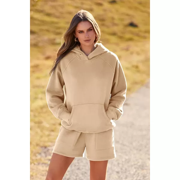 imagePRETTYGARDEN Womens 2023 Fall 2 Piece Outfits Sweatsuits Hoodie Sweatshirt And Lounge Shorts Tracksuit SetsKhaki