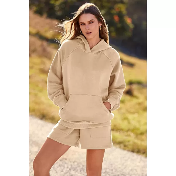 imagePRETTYGARDEN Womens 2023 Fall 2 Piece Outfits Sweatsuits Hoodie Sweatshirt And Lounge Shorts Tracksuit SetsKhaki
