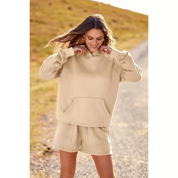 imagePRETTYGARDEN Womens 2023 Fall 2 Piece Outfits Sweatsuits Hoodie Sweatshirt And Lounge Shorts Tracksuit SetsKhaki