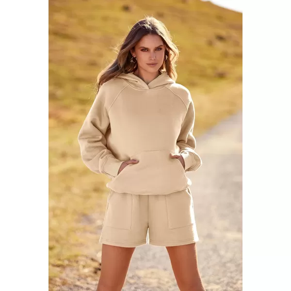 imagePRETTYGARDEN Womens 2023 Fall 2 Piece Outfits Sweatsuits Hoodie Sweatshirt And Lounge Shorts Tracksuit SetsKhaki
