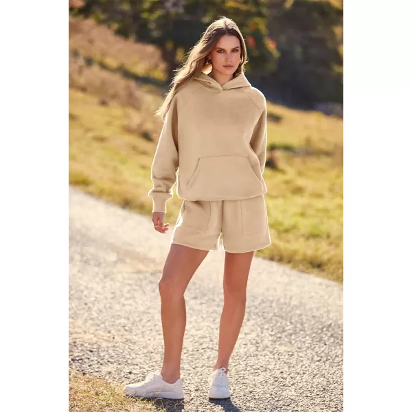 imagePRETTYGARDEN Womens 2023 Fall 2 Piece Outfits Sweatsuits Hoodie Sweatshirt And Lounge Shorts Tracksuit SetsKhaki