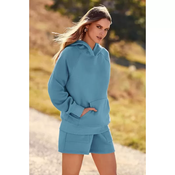 imagePRETTYGARDEN Womens 2023 Fall 2 Piece Outfits Sweatsuits Hoodie Sweatshirt And Lounge Shorts Tracksuit SetsLake Blue