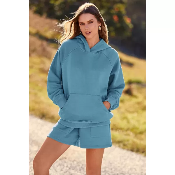 imagePRETTYGARDEN Womens 2023 Fall 2 Piece Outfits Sweatsuits Hoodie Sweatshirt And Lounge Shorts Tracksuit SetsLake Blue