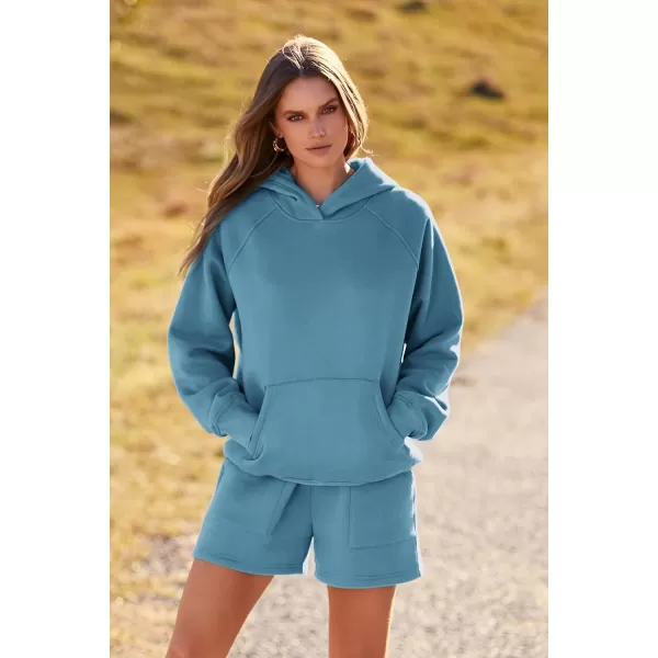 imagePRETTYGARDEN Womens 2023 Fall 2 Piece Outfits Sweatsuits Hoodie Sweatshirt And Lounge Shorts Tracksuit SetsLake Blue