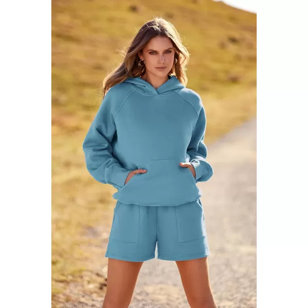 imagePRETTYGARDEN Womens 2023 Fall 2 Piece Outfits Sweatsuits Hoodie Sweatshirt And Lounge Shorts Tracksuit SetsLake Blue