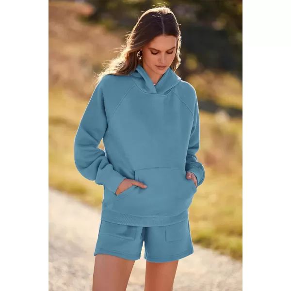 imagePRETTYGARDEN Womens 2023 Fall 2 Piece Outfits Sweatsuits Hoodie Sweatshirt And Lounge Shorts Tracksuit SetsLake Blue