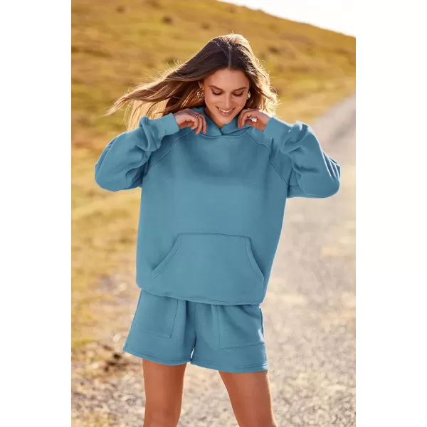 imagePRETTYGARDEN Womens 2023 Fall 2 Piece Outfits Sweatsuits Hoodie Sweatshirt And Lounge Shorts Tracksuit SetsLake Blue