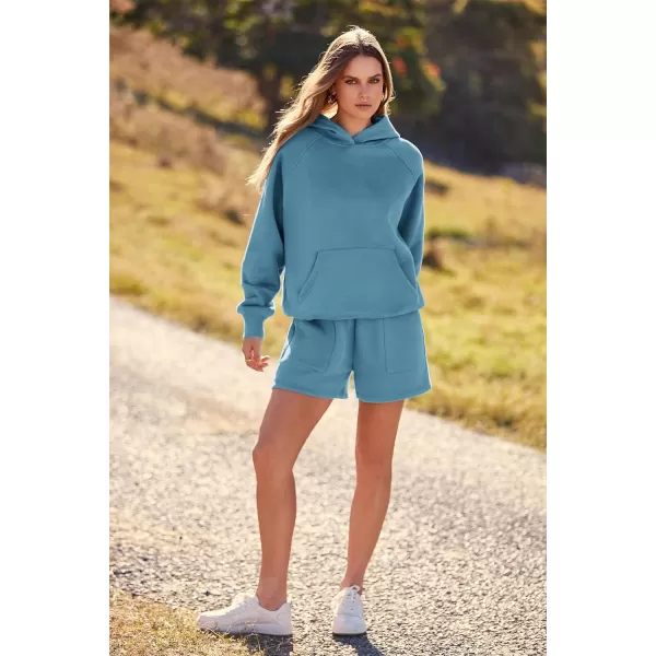 imagePRETTYGARDEN Womens 2023 Fall 2 Piece Outfits Sweatsuits Hoodie Sweatshirt And Lounge Shorts Tracksuit SetsLake Blue
