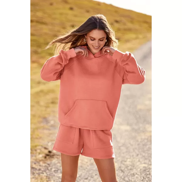 imagePRETTYGARDEN Womens 2023 Fall 2 Piece Outfits Sweatsuits Hoodie Sweatshirt And Lounge Shorts Tracksuit SetsOrange Red