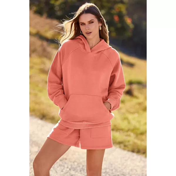 imagePRETTYGARDEN Womens 2023 Fall 2 Piece Outfits Sweatsuits Hoodie Sweatshirt And Lounge Shorts Tracksuit SetsOrange Red