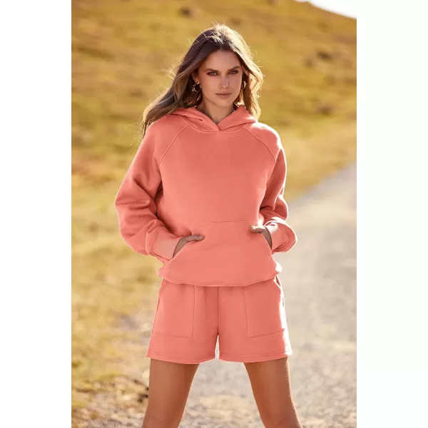imagePRETTYGARDEN Womens 2023 Fall 2 Piece Outfits Sweatsuits Hoodie Sweatshirt And Lounge Shorts Tracksuit SetsOrange Red