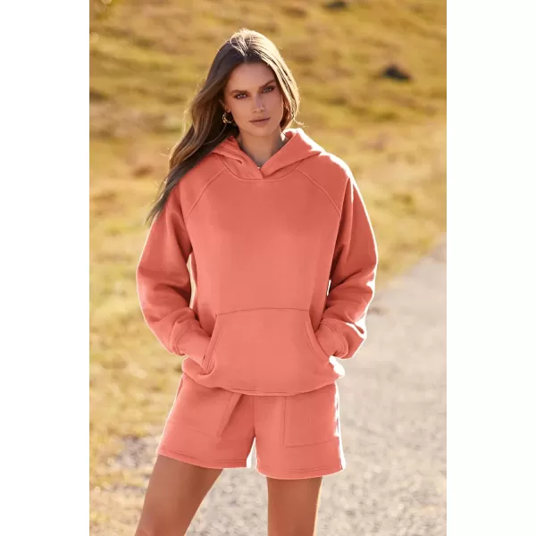 imagePRETTYGARDEN Womens 2023 Fall 2 Piece Outfits Sweatsuits Hoodie Sweatshirt And Lounge Shorts Tracksuit SetsOrange Red