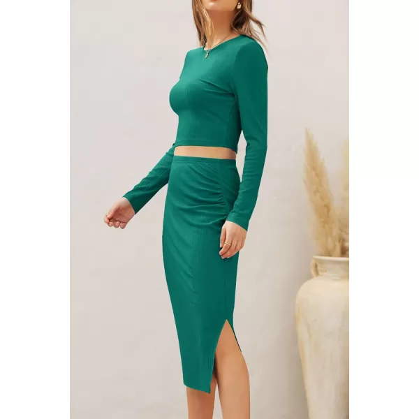 imagePRETTYGARDEN Womens 2023 Fall 2 Piece Outfits Track Suits Long Sleeve Crop Tops Bodycon Midi Skirt Slit Dress Matching SetsGreen