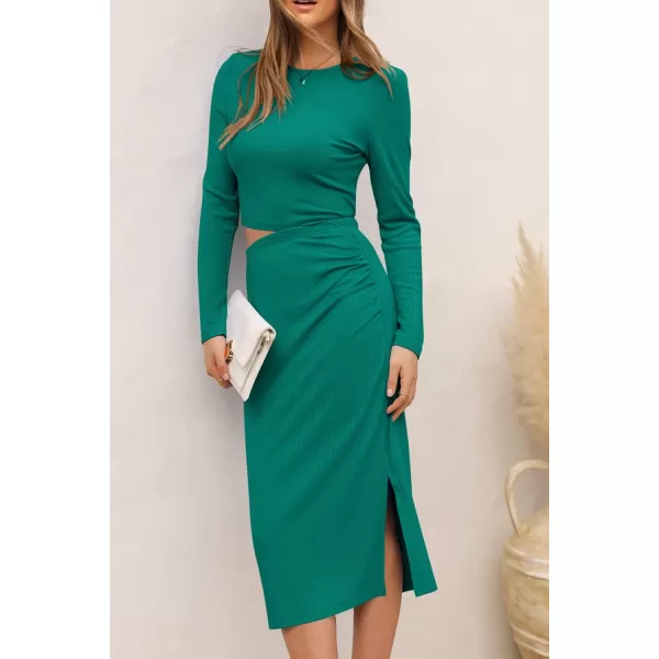imagePRETTYGARDEN Womens 2023 Fall 2 Piece Outfits Track Suits Long Sleeve Crop Tops Bodycon Midi Skirt Slit Dress Matching SetsGreen