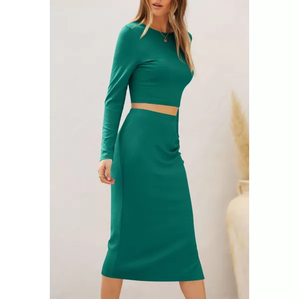 imagePRETTYGARDEN Womens 2023 Fall 2 Piece Outfits Track Suits Long Sleeve Crop Tops Bodycon Midi Skirt Slit Dress Matching SetsGreen