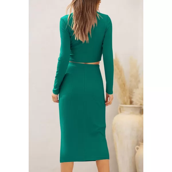 imagePRETTYGARDEN Womens 2023 Fall 2 Piece Outfits Track Suits Long Sleeve Crop Tops Bodycon Midi Skirt Slit Dress Matching SetsGreen