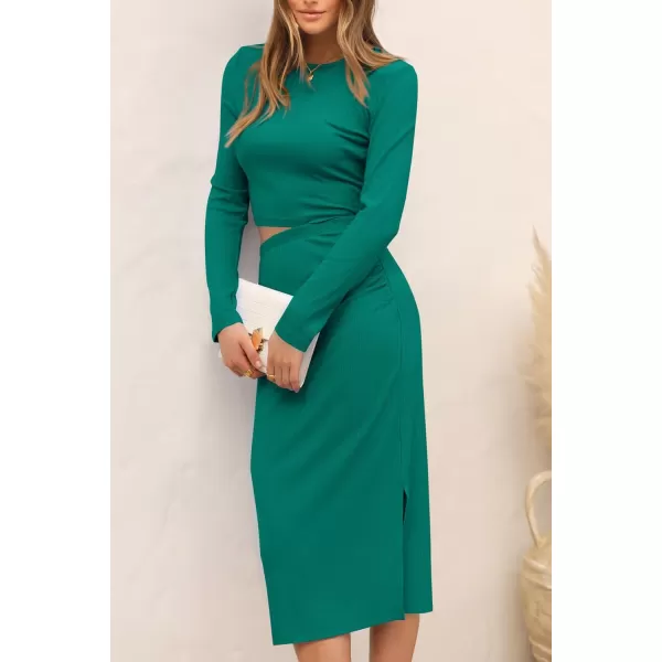 imagePRETTYGARDEN Womens 2023 Fall 2 Piece Outfits Track Suits Long Sleeve Crop Tops Bodycon Midi Skirt Slit Dress Matching SetsGreen