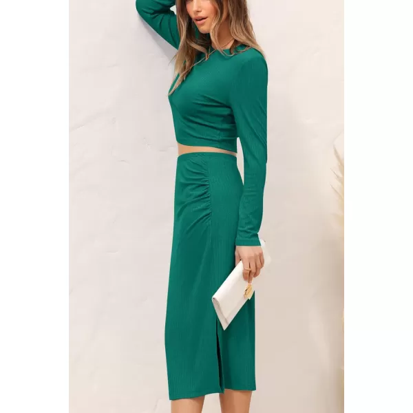 imagePRETTYGARDEN Womens 2023 Fall 2 Piece Outfits Track Suits Long Sleeve Crop Tops Bodycon Midi Skirt Slit Dress Matching SetsGreen