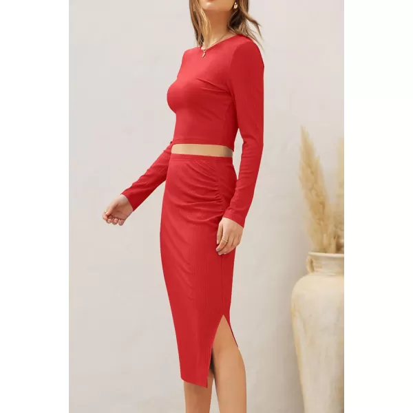 imagePRETTYGARDEN Womens 2023 Fall 2 Piece Outfits Track Suits Long Sleeve Crop Tops Bodycon Midi Skirt Slit Dress Matching SetsRed