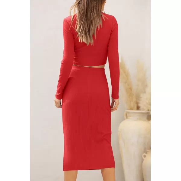 imagePRETTYGARDEN Womens 2023 Fall 2 Piece Outfits Track Suits Long Sleeve Crop Tops Bodycon Midi Skirt Slit Dress Matching SetsRed
