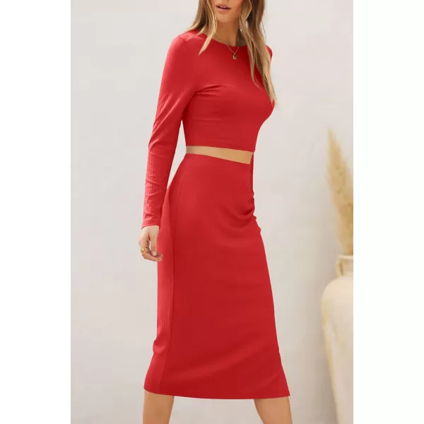 imagePRETTYGARDEN Womens 2023 Fall 2 Piece Outfits Track Suits Long Sleeve Crop Tops Bodycon Midi Skirt Slit Dress Matching SetsRed