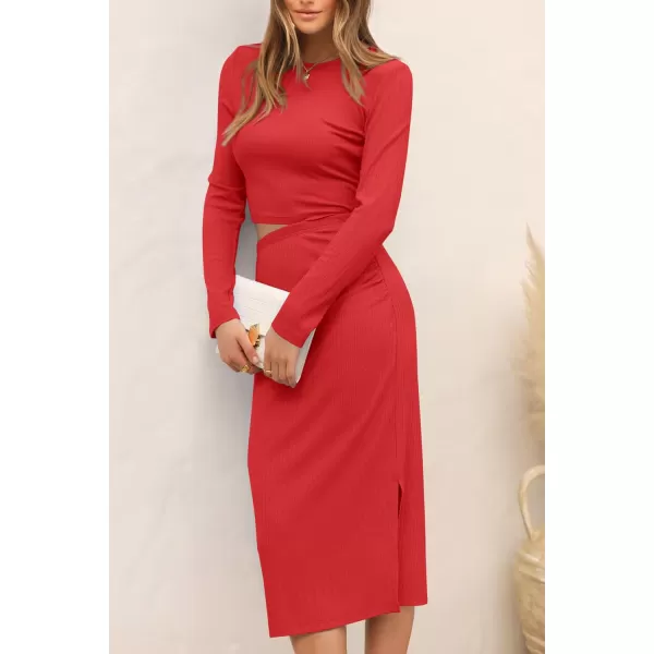 imagePRETTYGARDEN Womens 2023 Fall 2 Piece Outfits Track Suits Long Sleeve Crop Tops Bodycon Midi Skirt Slit Dress Matching SetsRed