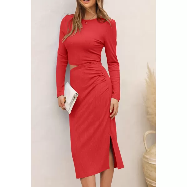 imagePRETTYGARDEN Womens 2023 Fall 2 Piece Outfits Track Suits Long Sleeve Crop Tops Bodycon Midi Skirt Slit Dress Matching SetsRed