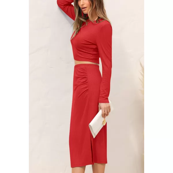 imagePRETTYGARDEN Womens 2023 Fall 2 Piece Outfits Track Suits Long Sleeve Crop Tops Bodycon Midi Skirt Slit Dress Matching SetsRed