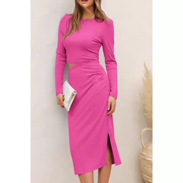 imagePRETTYGARDEN Womens 2023 Fall 2 Piece Outfits Track Suits Long Sleeve Crop Tops Bodycon Midi Skirt Slit Dress Matching SetsRose Red