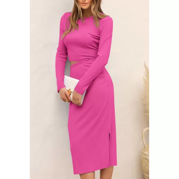 imagePRETTYGARDEN Womens 2023 Fall 2 Piece Outfits Track Suits Long Sleeve Crop Tops Bodycon Midi Skirt Slit Dress Matching SetsRose Red