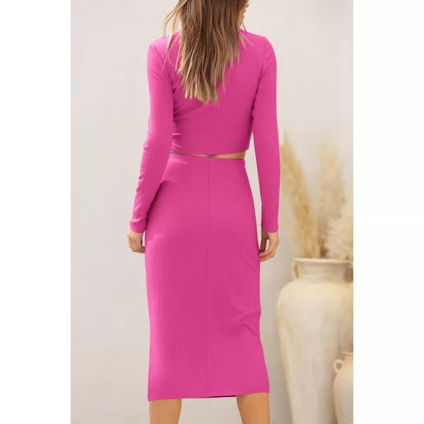imagePRETTYGARDEN Womens 2023 Fall 2 Piece Outfits Track Suits Long Sleeve Crop Tops Bodycon Midi Skirt Slit Dress Matching SetsRose Red