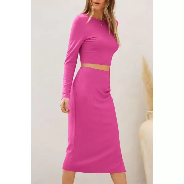 imagePRETTYGARDEN Womens 2023 Fall 2 Piece Outfits Track Suits Long Sleeve Crop Tops Bodycon Midi Skirt Slit Dress Matching SetsRose Red