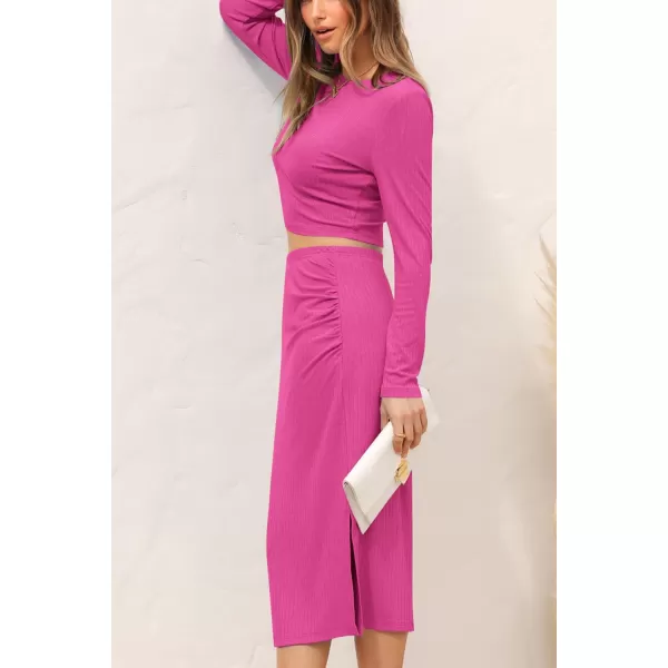 imagePRETTYGARDEN Womens 2023 Fall 2 Piece Outfits Track Suits Long Sleeve Crop Tops Bodycon Midi Skirt Slit Dress Matching SetsRose Red