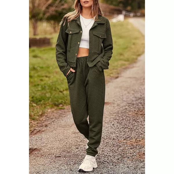 imagePRETTYGARDEN Womens 2023 Fall 2 Piece Outfits Tracksuit Long Sleeve Button Down Shacket Jacket Pockets Long Pants Casual SetArmy Green