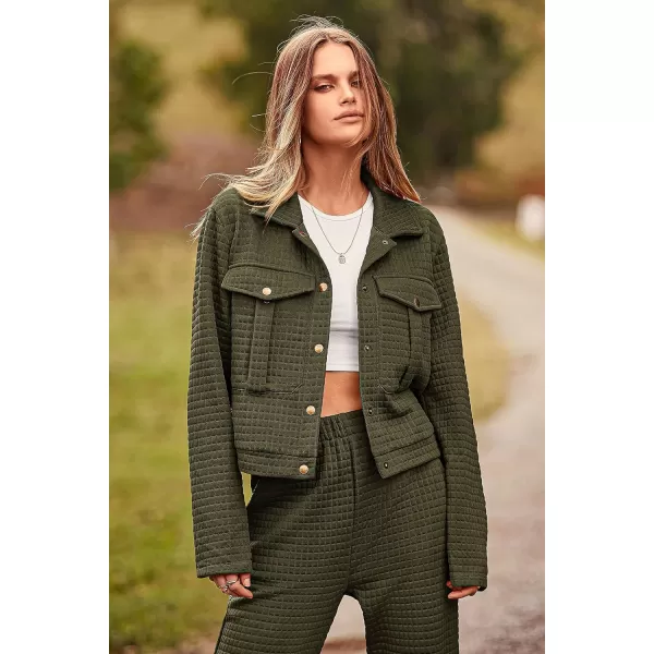 imagePRETTYGARDEN Womens 2023 Fall 2 Piece Outfits Tracksuit Long Sleeve Button Down Shacket Jacket Pockets Long Pants Casual SetArmy Green