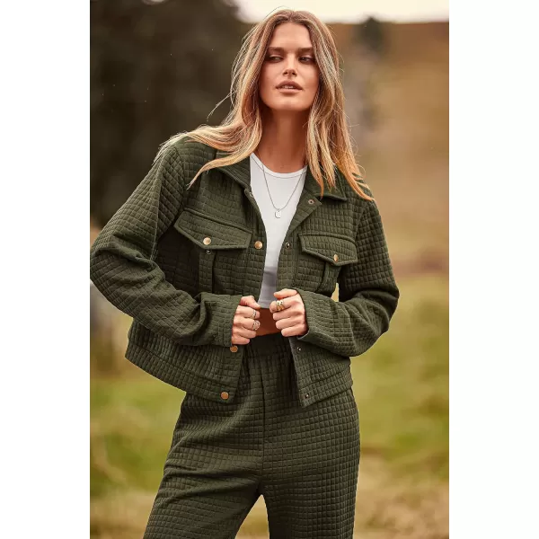 imagePRETTYGARDEN Womens 2023 Fall 2 Piece Outfits Tracksuit Long Sleeve Button Down Shacket Jacket Pockets Long Pants Casual SetArmy Green