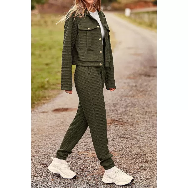 imagePRETTYGARDEN Womens 2023 Fall 2 Piece Outfits Tracksuit Long Sleeve Button Down Shacket Jacket Pockets Long Pants Casual SetArmy Green