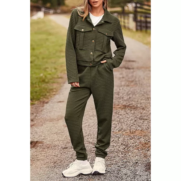 imagePRETTYGARDEN Womens 2023 Fall 2 Piece Outfits Tracksuit Long Sleeve Button Down Shacket Jacket Pockets Long Pants Casual SetArmy Green