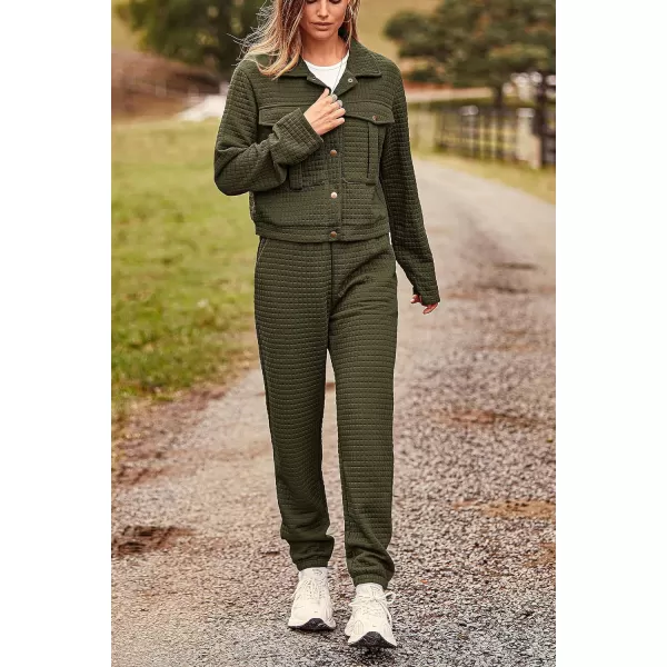 imagePRETTYGARDEN Womens 2023 Fall 2 Piece Outfits Tracksuit Long Sleeve Button Down Shacket Jacket Pockets Long Pants Casual SetArmy Green
